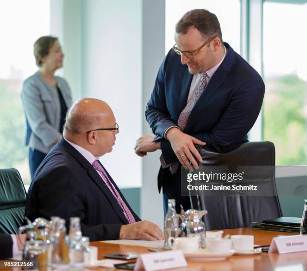 German Economy Minister Peter Altmaier and German Health Minister Jens Spahn before the Weekly Government Cabinet Meeting on June 27, 2018 in Berlin,...