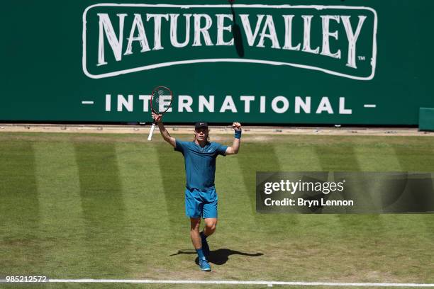 Denis Shapovalov of Canada celebrates winning his match against Jared Donaldson on day six of the Nature Valley International at Devonshire Park on...