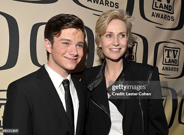 Actors Chris Colfer and Jane Lynch pose backstage during the 8th Annual TV Land Awards at Sony Studios on April 17, 2010 in Los Angeles, California.