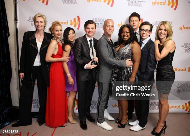 Jane Lynch, Dianna Agron, Jenna Ushkowitz, Chris Colfer, Ryan Murphy, Amber Riley, Cory Monteith, Kevin McHale and Jessalyn Gilsig backstage at the...