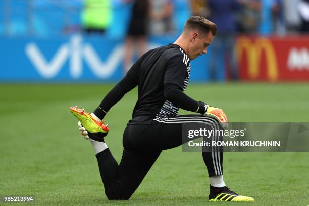 Germany's goalkeeper Marc-Andre Ter Stegen warms up ahead of the Russia 2018 World Cup Group F football match between South Korea and Germany at the...