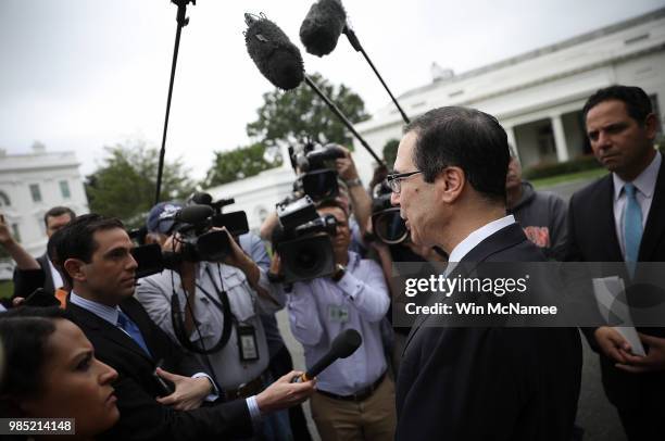 Treasury Secretary Steven Mnuchin answers questions from the media outside the White House June 27, 2018 in Washington, DC. Mnuchin fielded a range...