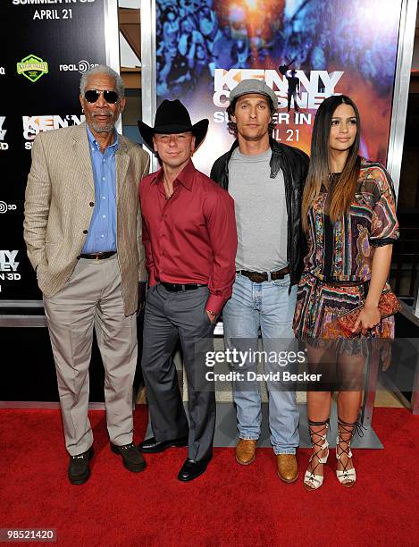Actor Morgan Freeman, musician Kenny Chesney, actor Matthew McConaughey and model Camila Alves arrive at the premiere of ''Kenny Chesney: Summer in...