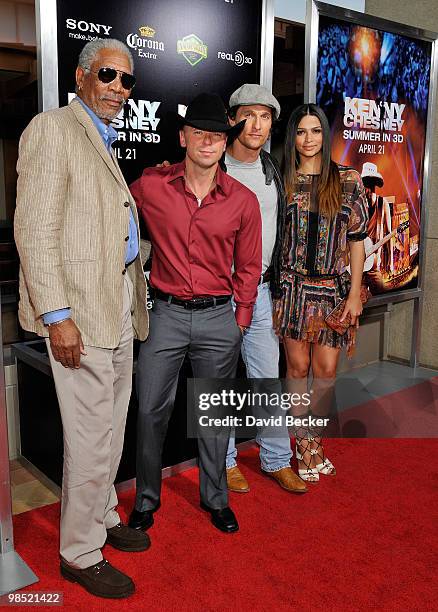 Actor Morgan Freeman, musician Kenny Chesney, actor Matthew McConaughey and model Camila Alves arrive at the premiere of ''Kenny Chesney: Summer in...