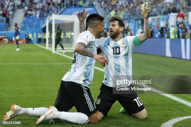 Enzo Perez of Argentina, Lionel Messi of Argentina during the 2018 FIFA World Cup Russia group D match between Nigeria and Argentina at the Saint...