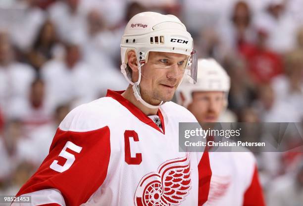 Nicklas Lidstrom and Johan Franzen of the Detroit Red Wings awaits a face off in Game Two of the Western Conference Quarterfinals against the Phoenix...