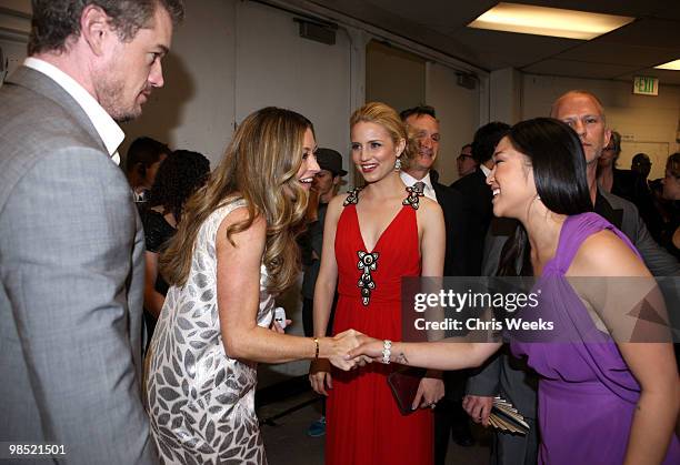 Actor Eric Dane, actress Rebecca Gayheart, actress Dianna Agron and actress Jenna Ushkowitz backstage at the 21st Annual GLAAD Media Awards held at...