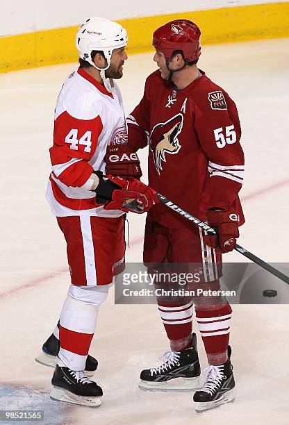Todd Bertuzzi of the Detroit Red Wings and Ed Jovanovski of the Phoenix Coyotes talk after a whistle in Game Two of the Western Conference...