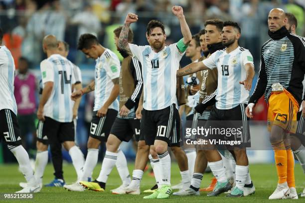 Lionel Messi of Argentina, Sergio Aguero of Argentina, goalkeeper Willy Caballero of Argentina during the 2018 FIFA World Cup Russia group D match...