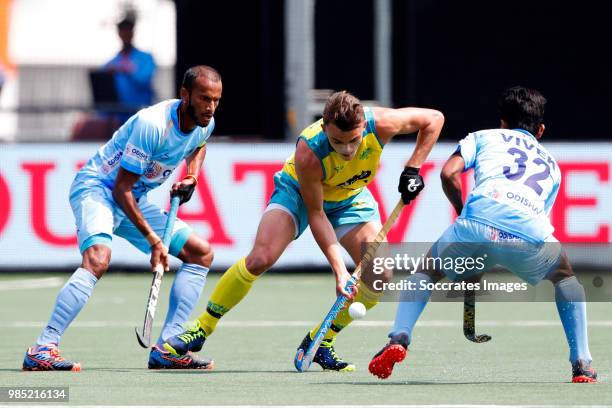 Matthew Swann of Australia, Vivek Prasad of India during the Champions Trophy match between India v Australia at the Hockeyclub Breda on June 27,...