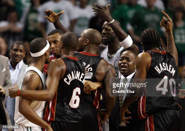 Rajon Rondo and Kevin Garnett of the Boston Celtics get into it with Quentin Richardson, Udonis Haslem and Mario Chalmers of the Miami Heat during...