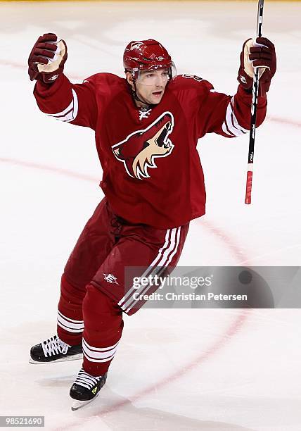 Radim Vrbata of the Phoenix Coyotes celebrates after the Coyotes scored a goal against the Detroit Red Wings in Game Two of the Western Conference...