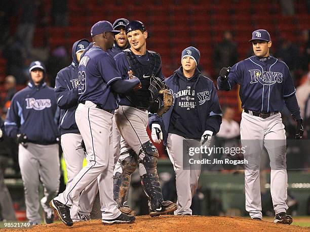 John Jaso and Rafael Soriano of the Tampa Bay Rays celebrate after they defeated the Boston Red Sox, 6-5, at Fenway Park on April 17, 2010 in Boston,...