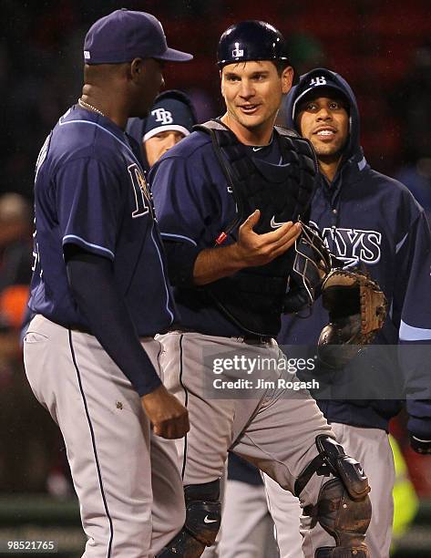 John Jaso and Rafael Soriano of the Tampa Bay Rays celebrate after they defeated the Boston Red Sox, 6-5, at Fenway Park on April 17, 2010 in Boston,...