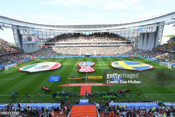 General view inside the stadium as teams line up prior to the 2018 FIFA World Cup Russia group F match between Mexico and Sweden at Ekaterinburg...