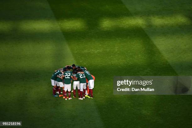 Mexico team form a huddle prior to the 2018 FIFA World Cup Russia group F match between Mexico and Sweden at Ekaterinburg Arena on June 27, 2018 in...