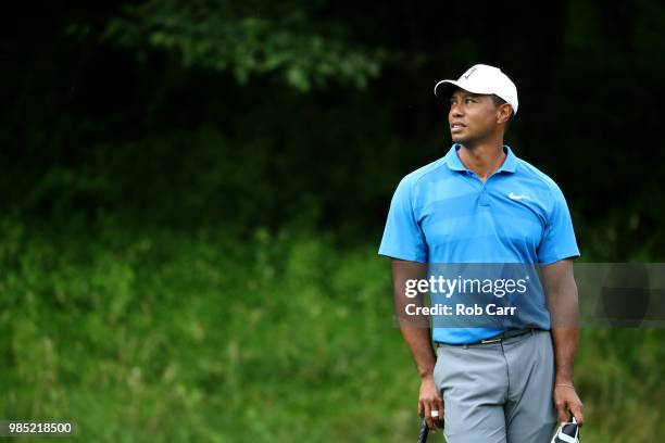 Tiger Woods looks on while playing in the Pro-Am prior to the Quicken Loans National at TPC Potomac on June 27, 2018 in Potomac, Maryland.