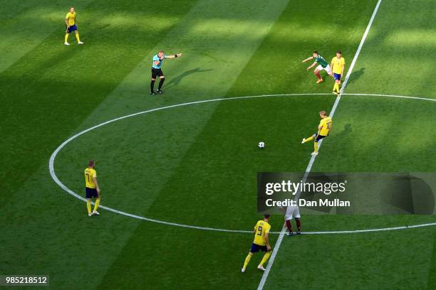 Emil Forsberg of Sweden passes the ball at kick off during the 2018 FIFA World Cup Russia group F match between Mexico and Sweden at Ekaterinburg...