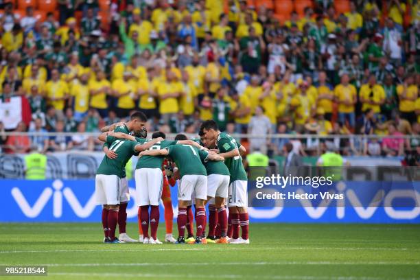 Mexico team form a huddle prior to the 2018 FIFA World Cup Russia group F match between Mexico and Sweden at Ekaterinburg Arena on June 27, 2018 in...