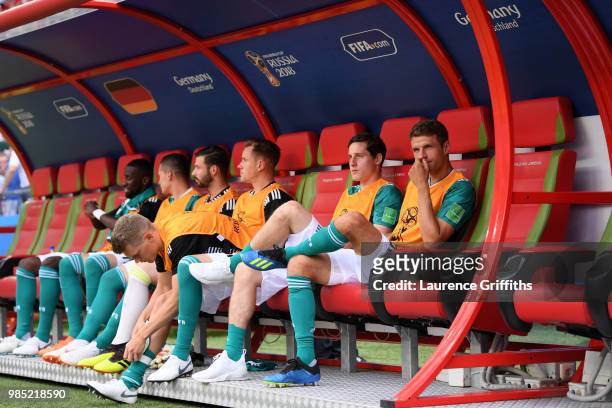 Thomas Mueller of Germany looks on from the bench prior to the 2018 FIFA World Cup Russia group F match between Korea Republic and Germany at Kazan...