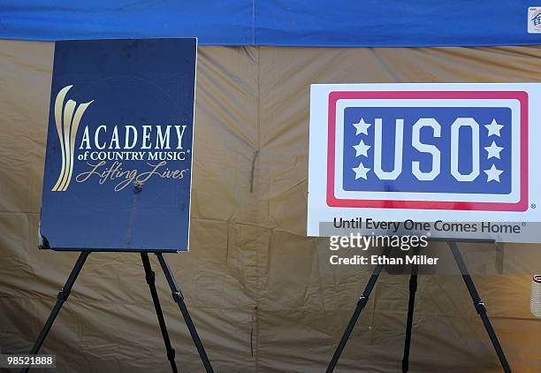 General view of signage during the Academy Of Country Music's USO concert at Nellis Air Force Base on April 17, 2010 in Las Vegas, Nevada.