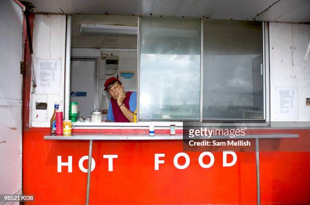 Female cook waits for customers at an isolated burger van which overlooks the Cornish Bodmin Moors along the A30 on the 23rd June 2008 in Bodmin Moor...