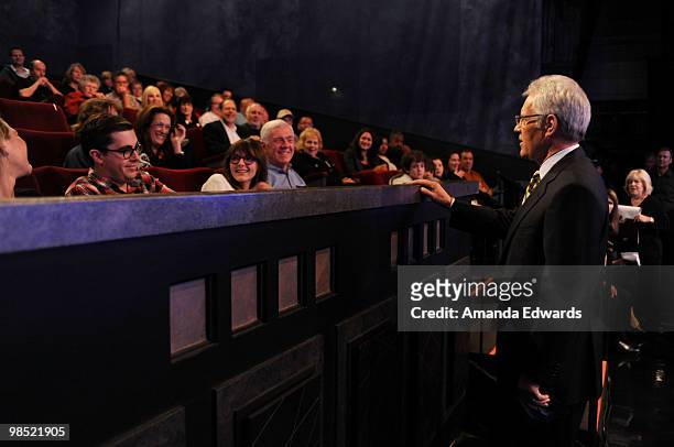 Game show host Alex Trebek interacts with the audience on the set of the "Jeopardy!" Million Dollar Celebrity Invitational Tournament Show Taping on...