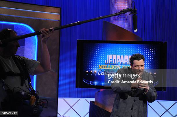 Fashion designer Isaac Mizrahi is interviewed on the set of the "Jeopardy!" Million Dollar Celebrity Invitational Tournament Show Taping on April 17,...