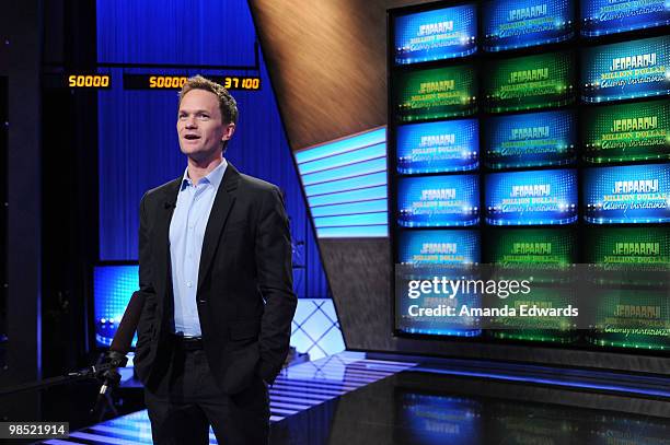 Actor Neil Patrick Harris is interviewed on the set of the "Jeopardy!" Million Dollar Celebrity Invitational Tournament Show Taping on April 17, 2010...