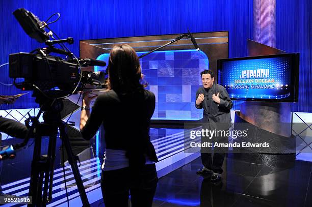 Fashion designer Isaac Mizrahi is interviewed on the set of the "Jeopardy!" Million Dollar Celebrity Invitational Tournament Show Taping on April 17,...