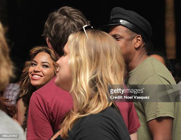 Singer Beyonce Knowles and rapper Jay-Z in the audience during day two of the Coachella Valley Music & Arts Festival 2010 held at the Empire Polo...