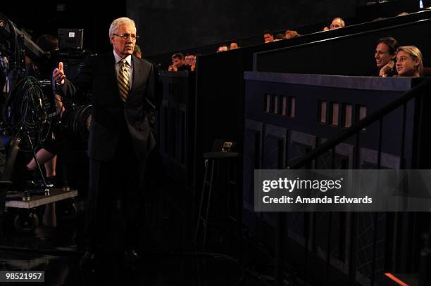 Game show host Alex Trebek interacts with the audience on the set of the "Jeopardy!" Million Dollar Celebrity Invitational Tournament Show Taping on...