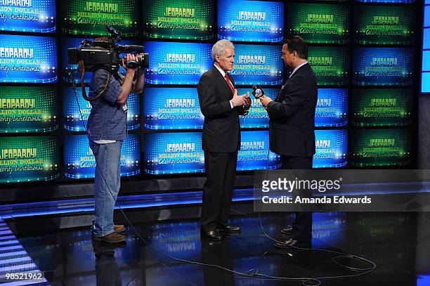 Game show host Alex Trebek is interviewed on the set of the "Jeopardy!" Million Dollar Celebrity Invitational Tournament Show Taping on April 17,...