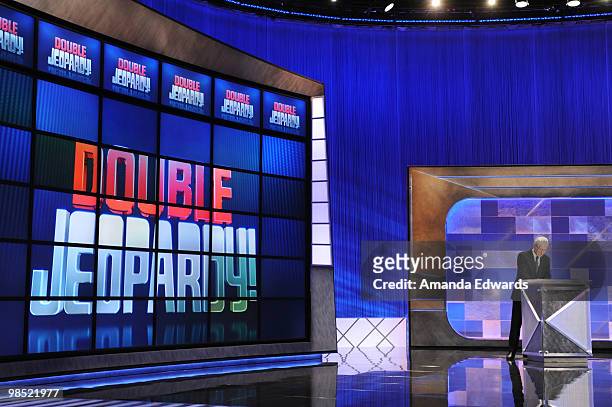 Game show host Alex Trebek rehearses his lines on the set of the "Jeopardy!" Million Dollar Celebrity Invitational Tournament Show Taping on April...