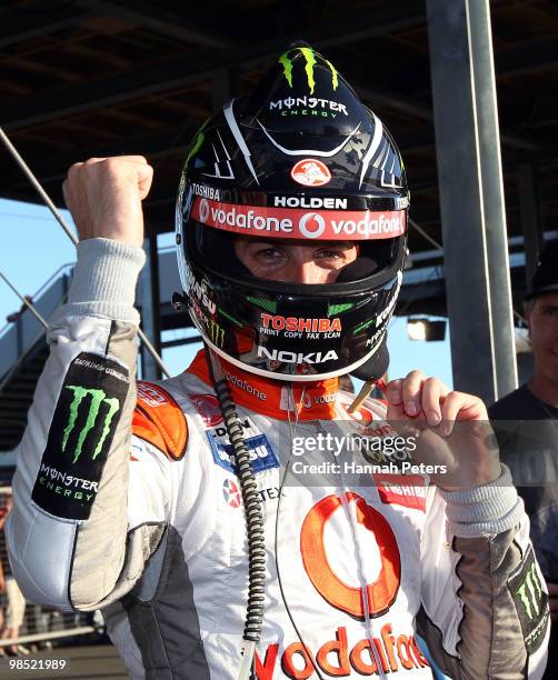 Jamie Whincup of Team Vodafone celebrates after winning race eight of the Hamilton 400, which is round four of the V8 Supercar Championship Series,...