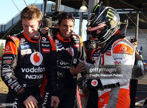 Jamie Whincup of Team Vodafone celebrates with his team after winning race eight of the Hamilton 400, which is round four of the V8 Supercar...