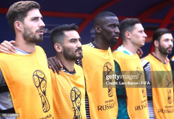 Ilkay Guendogan of Germany sings the national anthem prior to the 2018 FIFA World Cup Russia group F match between Korea Republic and Germany at...