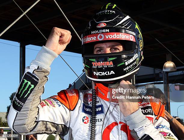 Jamie Whincup of Team Vodafone celebrates after winning race eight of the Hamilton 400, which is round four of the V8 Supercar Championship Series,...