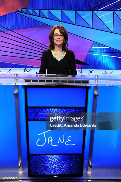 Actress Jane Kaczmarek poses on the set of the "Jeopardy!" Million Dollar Celebrity Invitational Tournament Show Taping on April 17, 2010 in Culver...