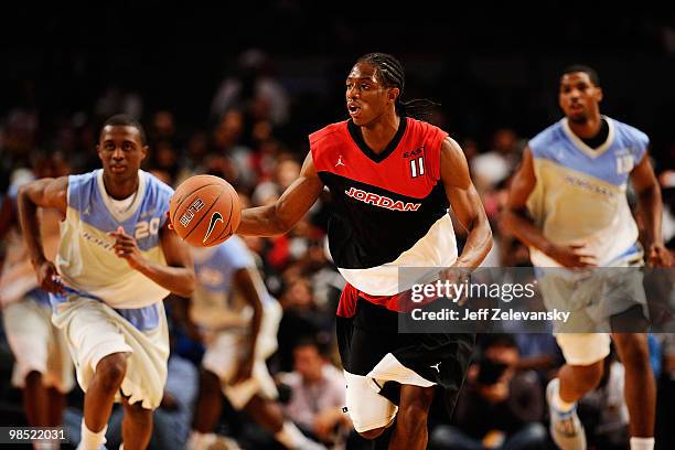 Brandon Knight of East Team heads up court against West Team during the National Game at the 2010 Jordan Brand classic at Madison Square Garden on...
