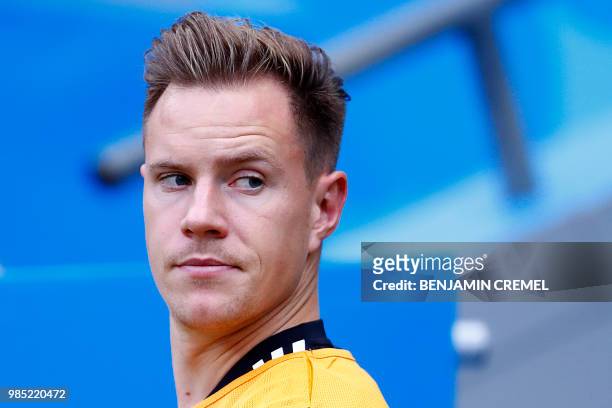 Germany's goalkeeper Marc-Andre Ter Stegen looks on during the Russia 2018 World Cup Group F football match between South Korea and Germany at the...
