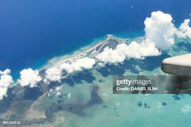 Shades of turquoise waters surround sandbanks off Eleuthera in the Bahamas as seen from a plane 25 June 2018.