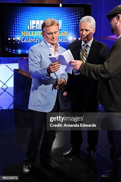 Game show hosts Pat Sajak and Alex Trebek rehearse their lines on the set of the "Jeopardy!" Million Dollar Celebrity Invitational Tournament Show...