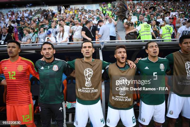Edson Alvarez Jose Corona, Rafael Marquez, Jonathan Dos Santos, Diego Reyes of Mexico sing national anthem prior to the 2018 FIFA World Cup Russia...