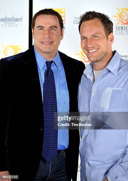 John Travolta and Patrick Wilson attend the Sunscreen Film Festival awards ceremony at the Mirror Lake Lyceum on April 17, 2010 in St Petersburg,...