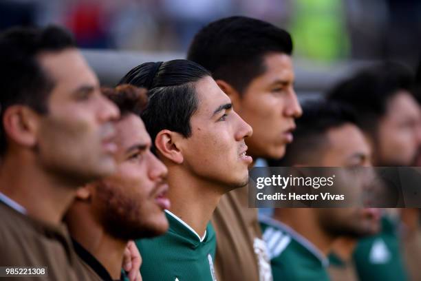 Diego Reyes of Mexico sing national anthem during the 2018 FIFA World Cup Russia group F match between Mexico and Sweden at Ekaterinburg Arena on...