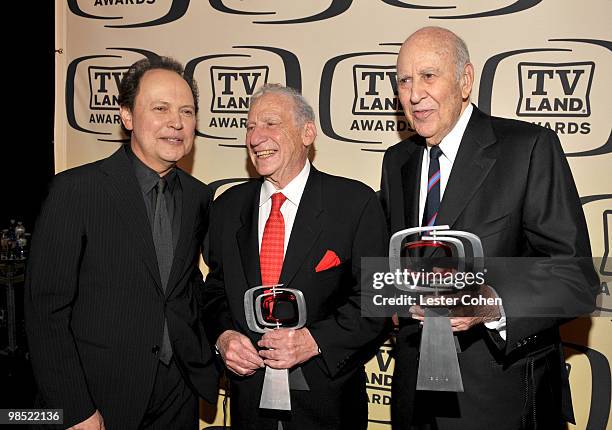 Comedian Billy Crystal poses with Legend Award winners Mel Brooks and Carl Reiner backstage during the 8th Annual TV Land Awards at Sony Studios on...