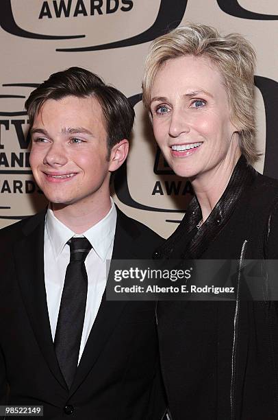 Actors Chris Colfer and Jane Lynch pose backstage during the 8th Annual TV Land Awards at Sony Studios on April 17, 2010 in Culver City, California.