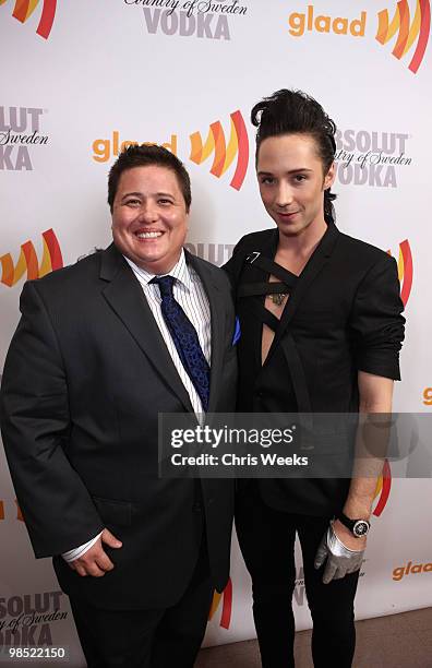 Chaz Bono and Olympic figure skater Johnny Weir pose backstage at the 21st Annual GLAAD Media Awards held at Hyatt Regency Century Plaza Hotel on...