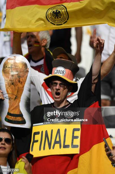 June 2018, Russia, Kazan: Soccer, World Cup, group F preliminaries, Germany vs South Korea at the Kazan-Arena. Germany's supporters cheer in the...